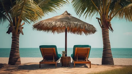 Photo sur Plexiglas Le Morne, Maurice chairs beds under umbrella, beautiful beach landscape,