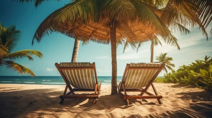 Fotobehang Le Morne, Mauritius chairs beds under umbrella, beautiful beach landscape,