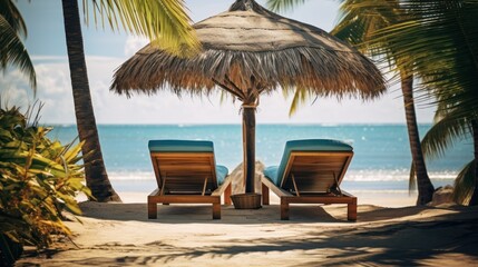 chairs beds under umbrella, beautiful beach landscape,