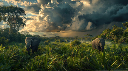 Elephants Roaming in the Wild Under Dramatic Sky