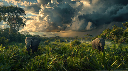 Naklejka premium Elephants Roaming in the Wild Under Dramatic Sky
