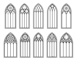 Catholic gothic church windows and medieval arch, isolated vector outline black silhouettes set. Vintage stained glass frames cathedral interior monochrome elements. Traditional european architecture