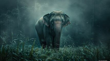 Majestic Elephant in Mysterious Misty Jungle