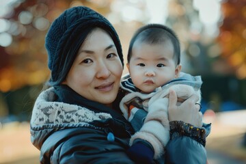 Fototapeta premium Multicultural family enjoying a playful and loving moment in an autumn park setting - Intercultural bonding with baby in carrier - AI generated