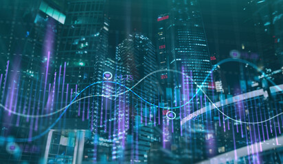Fototapeta na wymiar Stock market business concept. Financial graphs and digital indicators with modern city background