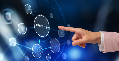 Case study button on virtual screens. Education Analysis concept