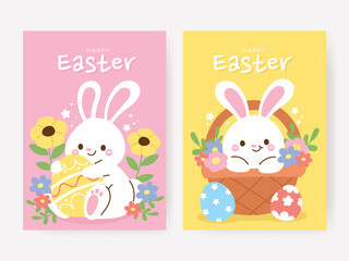 Happy Easter hand drawn card background vector. Cute cover set of lovely white rabbit, easter eggs, bunny, flower, leaf, basket. Spring holiday illustration for banner, greeting card, flyer.