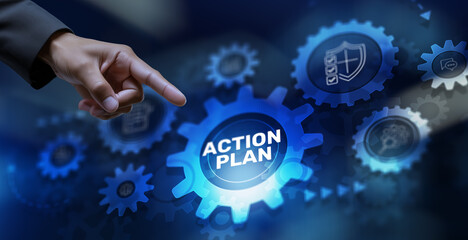 Action Plan Business Technology strategy concept on virtual screen. Mixed Media Background