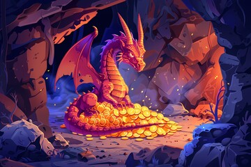 The dragon protects the pile of gold - obrazy, fototapety, plakaty