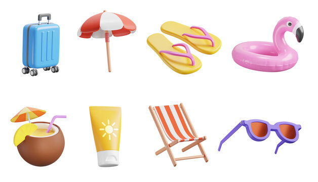 Summer Vacation, 3d icon set. Travel, vacation on the beach. Suitcase, Umbrella, Flip Flops, Inflatable Flamingo Ring, Coconut Cocktail, Sunscreen, Lounger, Sunglasses. On transparent background