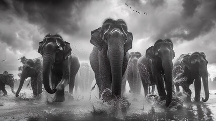 Monochrome Majesty: Elephant Herd Crossing Water - obrazy, fototapety, plakaty