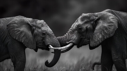 Intimate Moment Between Two Elephants in Monochrome