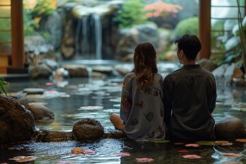 couple lover woman and man relaxing at natural hot spring pool with waterfall, calm tranquil atmosphere, Generative Ai