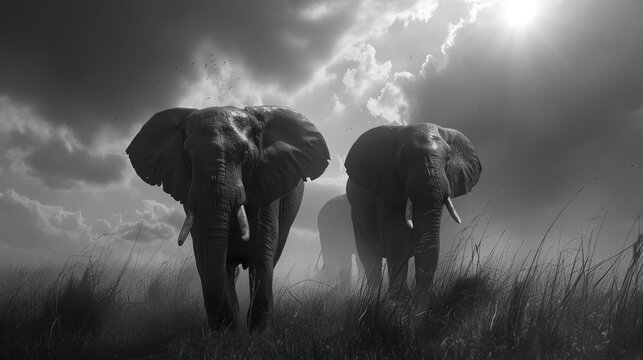 Monochrome Image of Elephants with Sun Flare