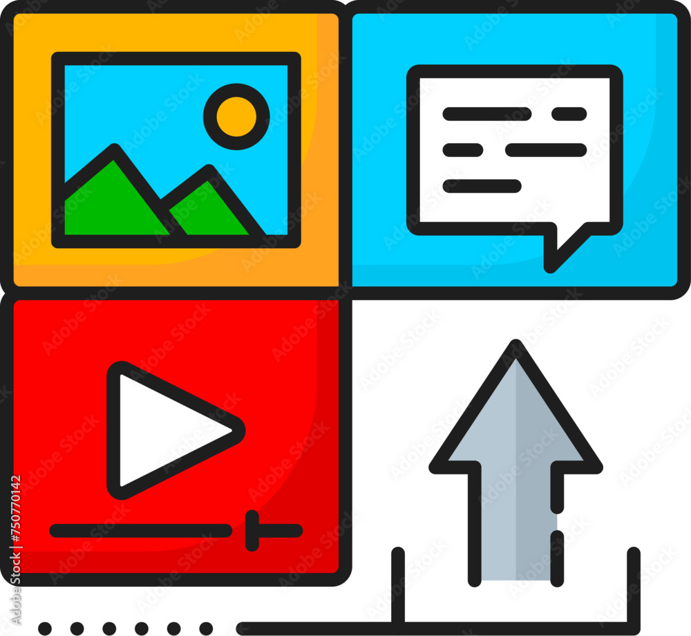 Aufkleber Content upload, CMS, content management system icon. Isolated vector thin line speech bubble, arrow up, play button and image media file signs. Linear symbol of easy organization of website content