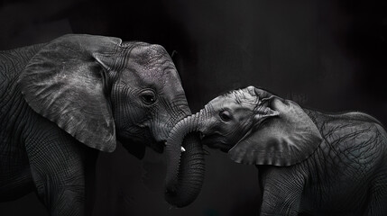 Elephant Mother and Baby Bonding in Black and White
