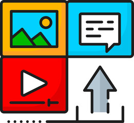 Content upload, CMS, content management system icon. Isolated vector thin line speech bubble, arrow up, play button and image media file signs. Linear symbol of easy organization of website content