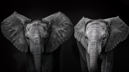 Dramatic Portrait of Two Elephants in Black and White