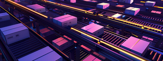 Futuristic Warehouse Conveyor Belt with Glowing Boxes