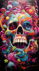 A Painting of a Skull With Colorful Paint Splatters