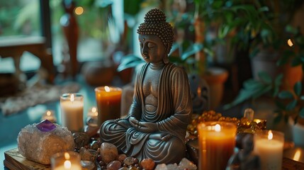 Buddha statue, candles and gemstones. Balance and calm energy flow at home, purifying the air,...