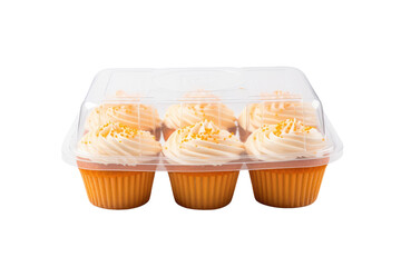Four Cupcakes in a Plastic Container. Four colorful cupcakes are placed neatly inside a transparent plastic container on a clean white background. The cupcakes are each topped with delicious frosting.