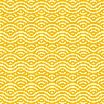 Ramen noodle pasta seamless pattern background. Vector tile featuring enticing, delectably intertwined macaroni or spaghetti strands in yellow colors, forming an appetizing and visually pleasing waves