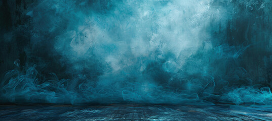 Dark Grungy Room with Mystical Blue Smoke and Textured Walls - obrazy, fototapety, plakaty