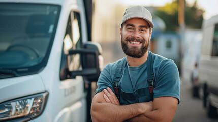 Portrait of delivery man  in front of his van. 