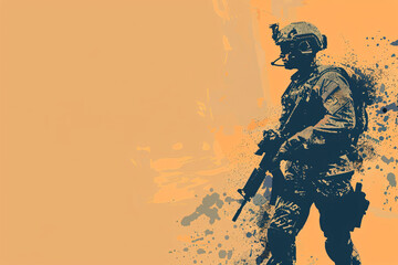 Soldier in profile against splattered orange backdrop