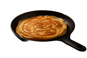 A Pancake Cooking in a Skillet. A pancake batter being cooked in a hot skillet on a stovetop. The pancake is starting to bubble and brown on the bottom side indicating it is almost ready to eat. - obrazy, fototapety, plakaty