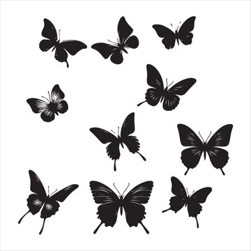 Flying butterflies silhouette black set isolated on white background