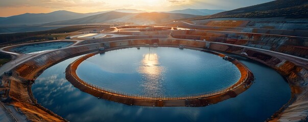 Advanced Water Treatment and Containment Systems at a Uranium Mine Tailings Pond. Concept Uranium Mining, Water Treatment Systems, Tailings Ponds, Containment Measures, Environmental Protection - obrazy, fototapety, plakaty