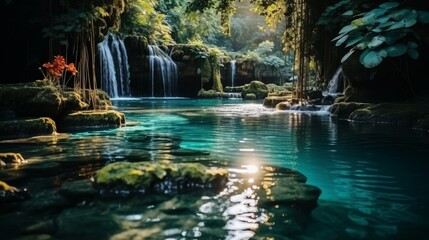 Amazing tropical forest with beautiful lake and fast flowing waterfall over boulders in background - obrazy, fototapety, plakaty