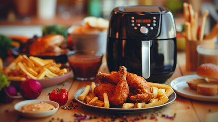 A table with a lot of food and a black air fryer. The table is set for a meal with a variety of...