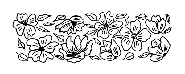 Border with linear peonies. Hand drawn chinese style black flowers. Doodle style botanical border. Flourish garden texture. Botanical horizontal composition. Vintage vector illustration.