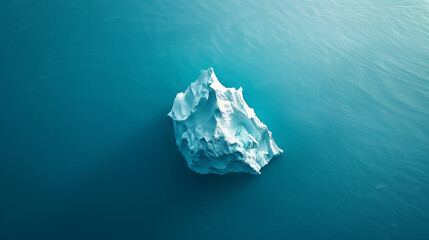 A large ice block floating in the ocean. The ice block is surrounded by water and the sky is blue