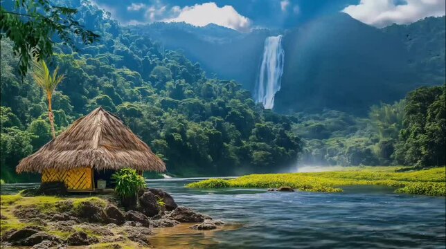 Bamboo hut with thatch roof, waterfall in mountains forest. Seamless looping time-lapse 4k video animation background