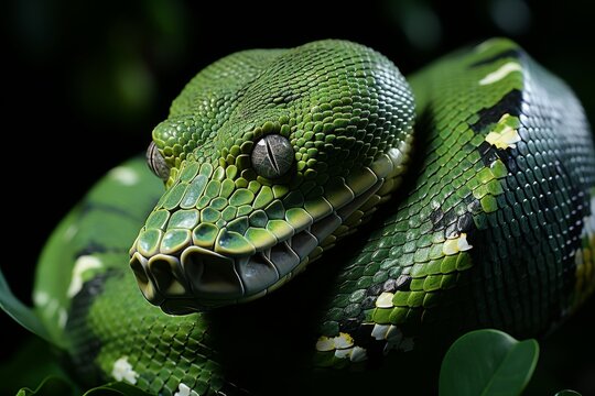 A lithe green tree python draped over the sturdy branch of a towering tree, its emerald scales blending seamlessly with the verdant foliage