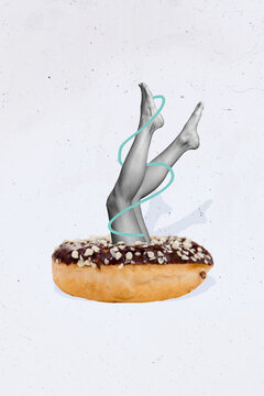 Vertical collage picture of upside down black white colors mini girl legs stick inside big chocolate glazed donut isolated on creative background