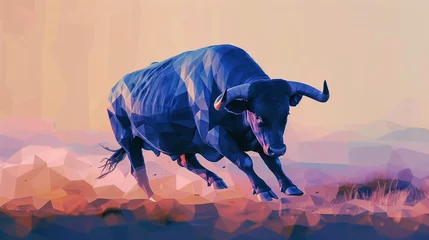 Poster Low Poly Spanish Bull in Blue Gradient © swissa