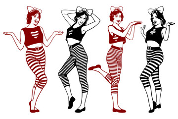 Dancing girls with symbols of a playing cards suits on clothes. Show girls. Queen of diamonds, clubs, hearts, spades. Vector cliparts isolated on white.