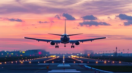 Air transportation concept,Jet airplane silhouette landing  during sunset.  - obrazy, fototapety, plakaty