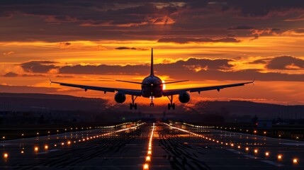 Air transportation concept,Jet airplane silhouette landing  during sunset.  - obrazy, fototapety, plakaty