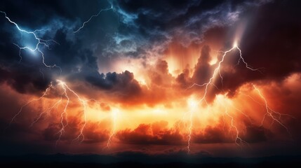 Sky background with seasons concept,Lightning, thunder, warm and cool evening sky,