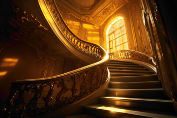 Obraz premium Zenithal staircase bathed in warm golden light, emanating a celestial aura.