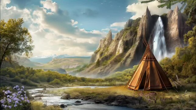 Indigenous tribal tent with flying dove in the mountains. Seamless looping time-lapse 4k video animation background