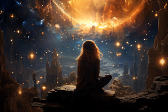 A woman sits out and looks at the ever-expanding universe, stars collide, and the world begins to form