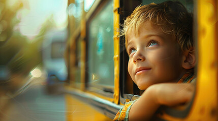 Happy Little Boy Enjoying a Ride on a School Bus