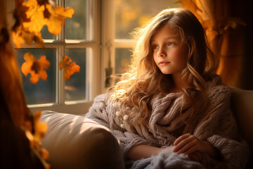 Fototapeta premium Cozy Autumn woman. Falling leaves backdrop. Park, nature, outdoor. Decoration Halloween background.